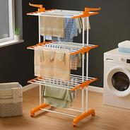 Happer Premium Clothes Stand for Drying with Wheels | Portable | 3 Layer Rack for Balcony | Foldable Wings | 24 Hanger Rods | Anti Rust Steel Metal (Orange | Prince Jumbo)