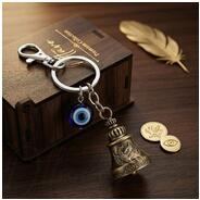 OTTAVO Premium Guardian Bell Keychain for Bike & Car | Tibetan Texture Bell Keychain with Evil Eye & Silver Hook | Good Luck Charm with Laser-Engraved Wooden Gift Box