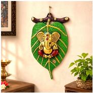 eCraftIndia Metal Golden Lord Ganesha in Red Dhoti On Green Leaf Ganesha Wall Hanging | Decorative Showpiece for Wall Decor