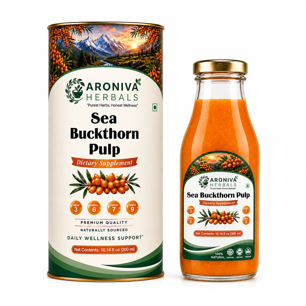 100% Pure Himalayan Sea Buckthorn Juice & Pulp (300ml Glass Bottle) | Cold Pressed Leh Berry with Omega 7 for Glowing Sk