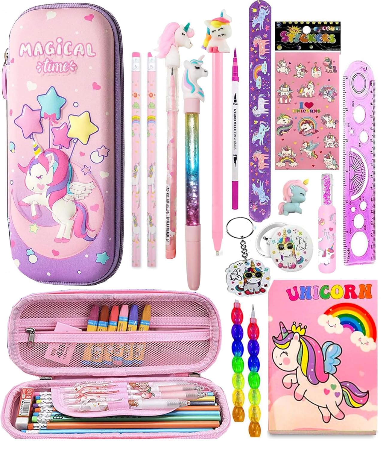 17 Pcs Unicorn Stationery Gift Set for Kids 3D Large Capacity Pencil Case Pencil Pouch with Diary & All Stationeries Par