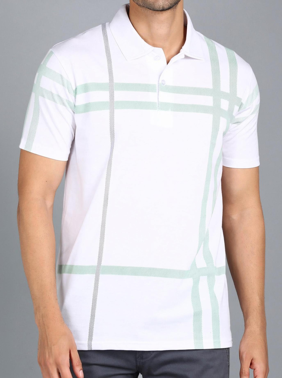 3BROS Men Striped, Typography Polo Neck Cotton Blend (180 gsm) Wh