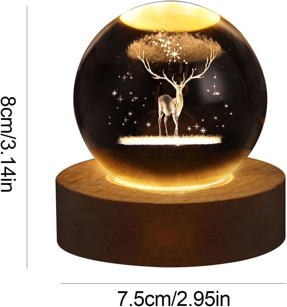 3D Galaxy Crystal Ball Night Light | Dimmable Engraved LED Glass Ball Table Lamp with USB and Wooden Base for Home Decor