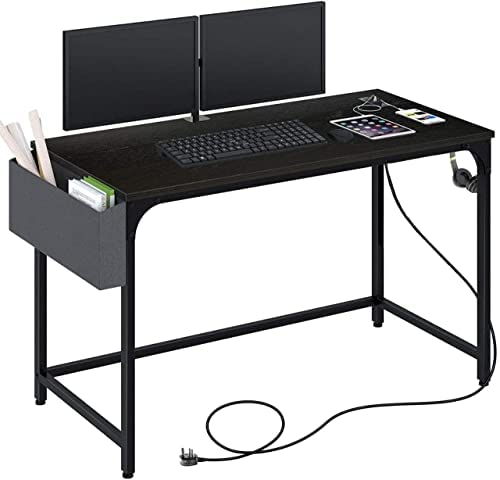 47" Computer Desk with Power Outlet, Home Office Desktop Table with USB Ports & Socket with Side Storage Bag & Iron Hook