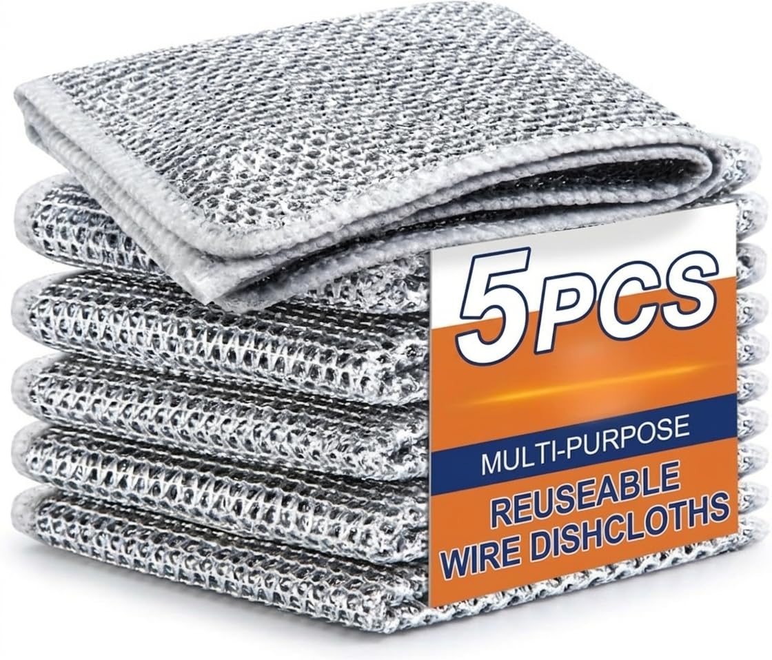 (5 Pack) Non-Scratch Dish Wash Cloth, Steel Wire Dish Cloth, Wire Dishwashing Rags Stainless Steel Scrubber Non-Scratch