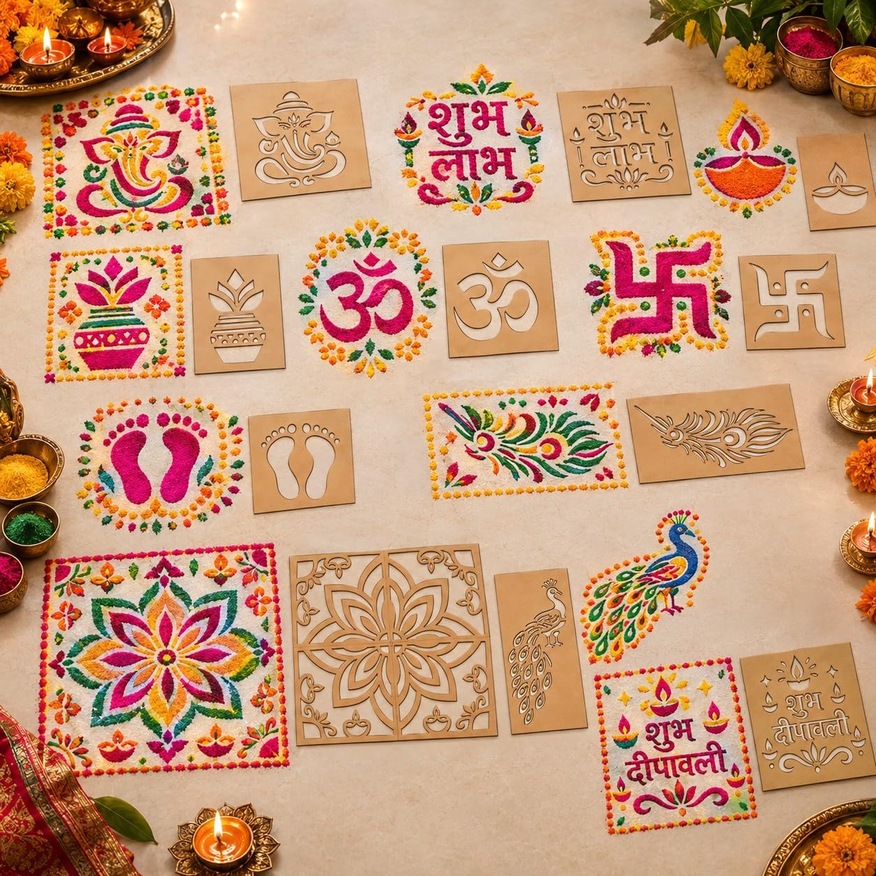 99-sample Rangoli MDF Stencil for Diwali Floor Decoration, 2.5mm, 14 Unique Designs