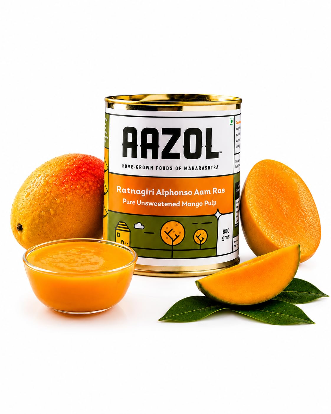 Aazol Ratnagiri Alphonso Aam Ras: Pure Unsweetened Mango Pulp - 850g | NO Preservatives | NO Added Sugar | GI Tagged Alp