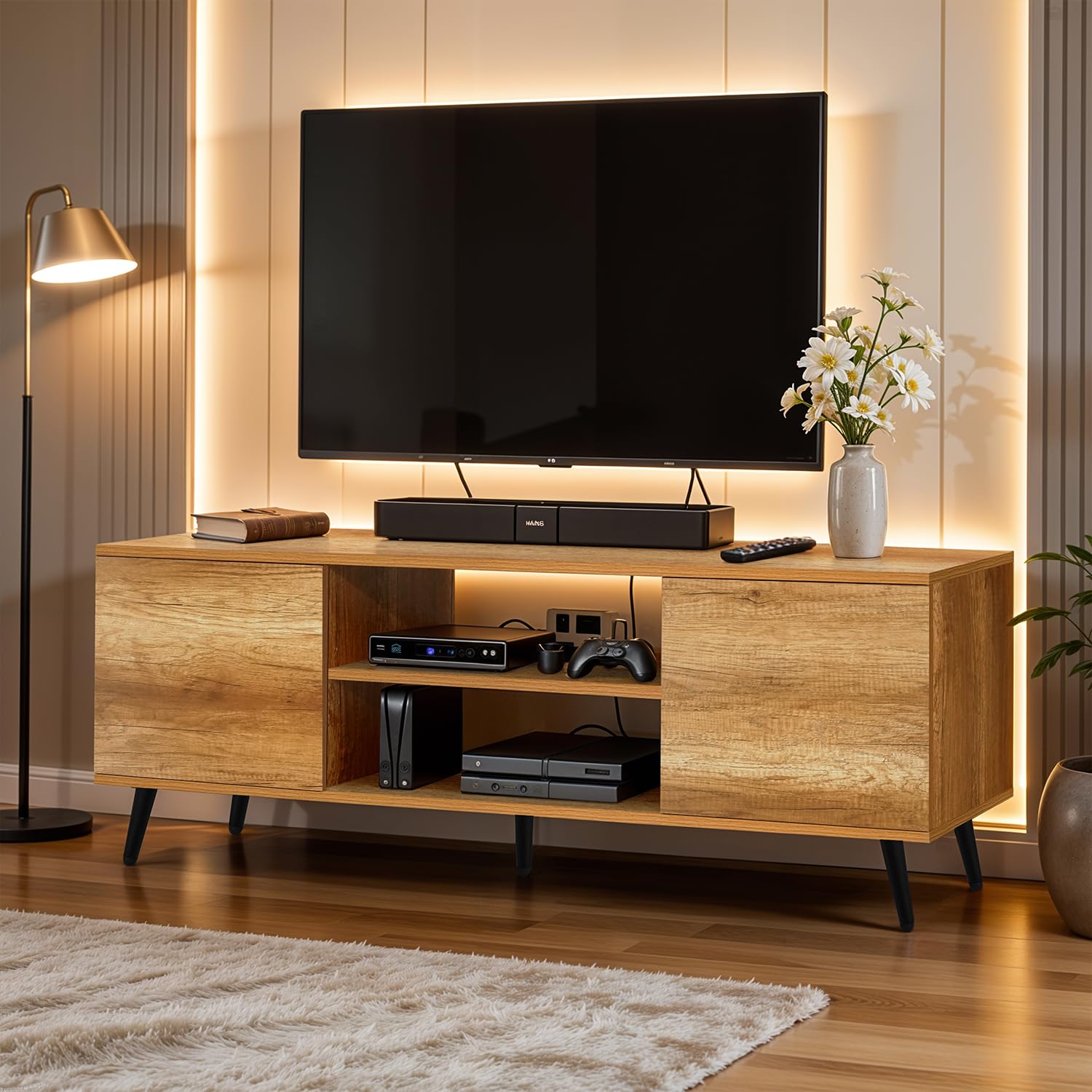 ABOUT SPACE TV Unit - Engineered Wooden TV Stand Table with Bottom Open Storage,WiFi Router Stand (CM Oak - L 136 x B 40