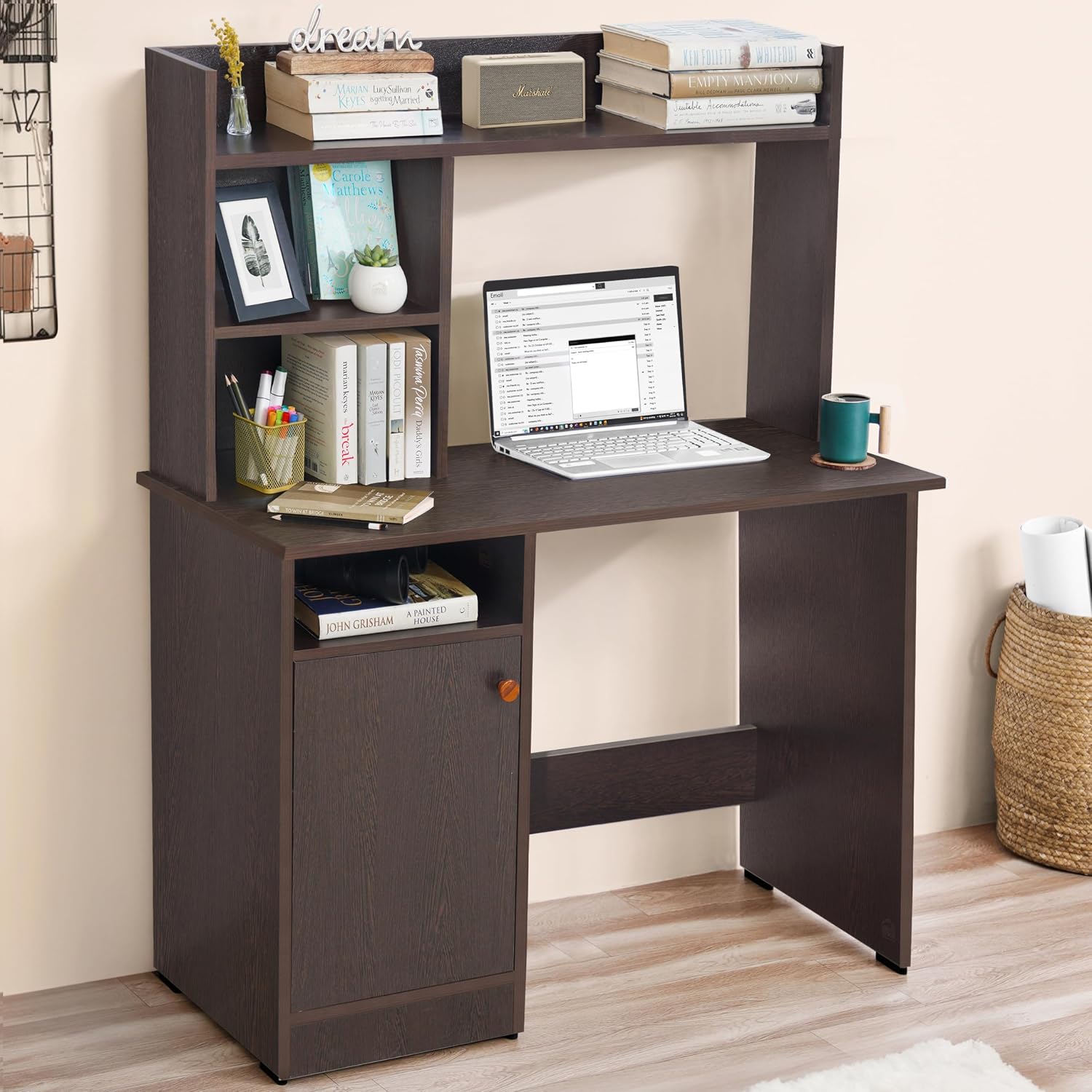 ABOUT SPACE Wooden Study Table with Hutch & Bottom Storage - Office Desk