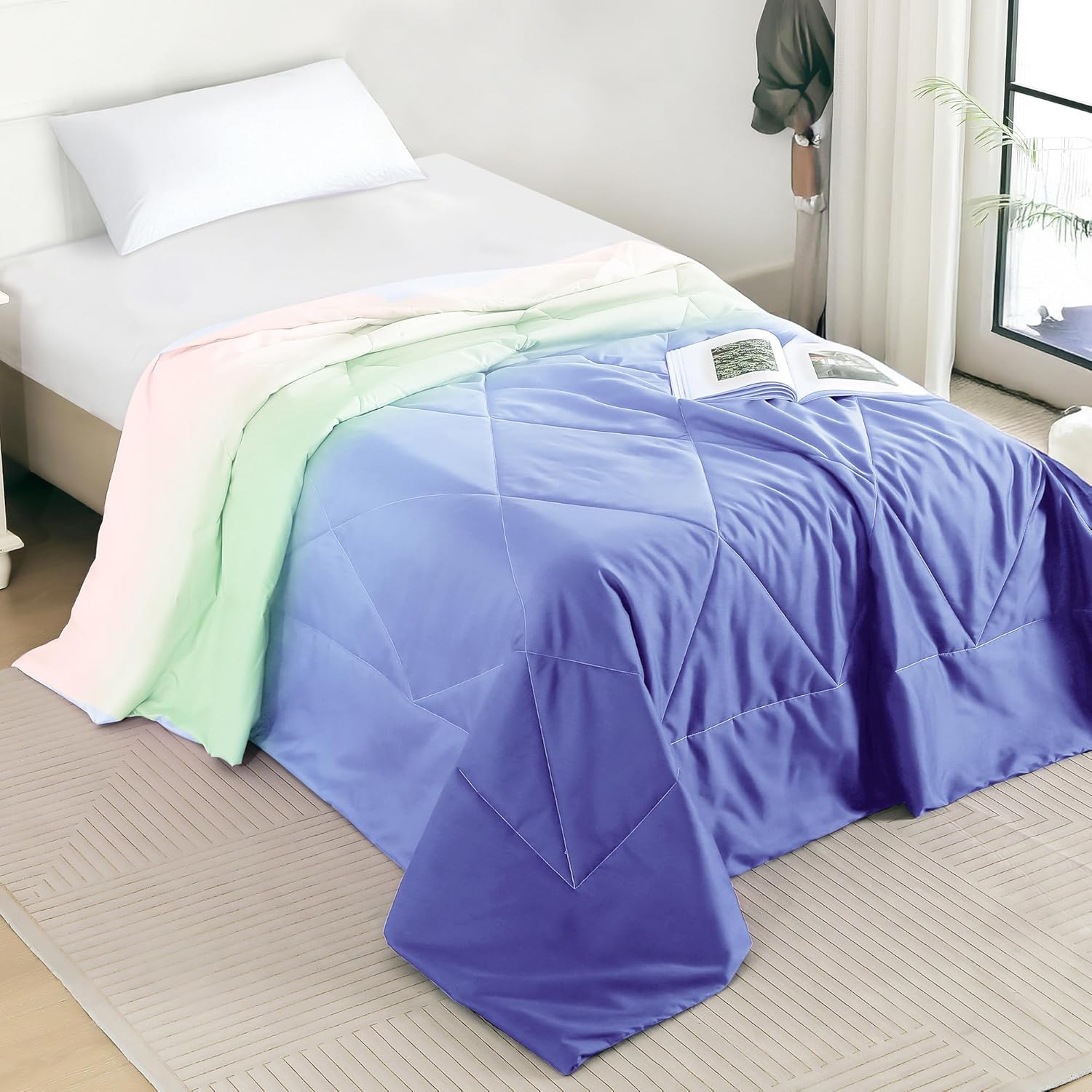 Ac Comforter Single Bed Ombre with Satin Finish 240 GSM - Reversible AC Comforter - Blue Comforter Quilt Duvet Dohar Bla