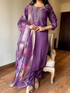 AEBA FASHION 3-Piece Ethnic Suit Set (Embroidered Kurta, Pant & Dupatta)