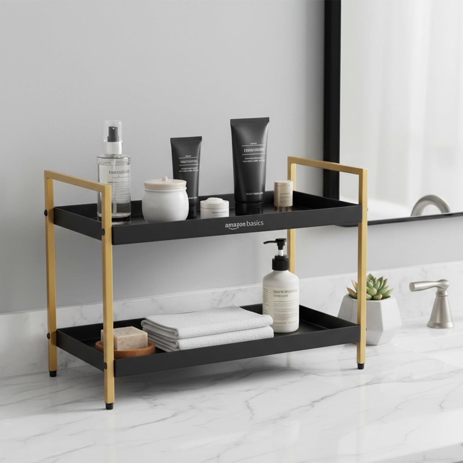 Amazon Basics 2-Tier Multipurpose Metal Countertop Organizer Rack - Kitchen, Bathroom & Dressing Table Storage Stand | S