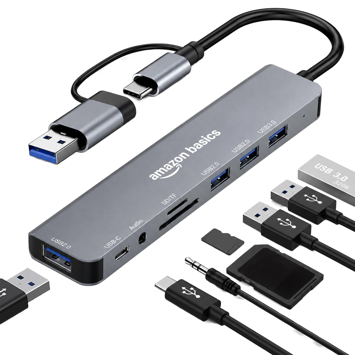 Amazon Basics 8-in-1 USB Hub with Dual Plug (USB-A & USB-C), USB 3.0, 3 x USB 2.0, USB-C 2.1, SD/TF Card Reader & 3.5mm