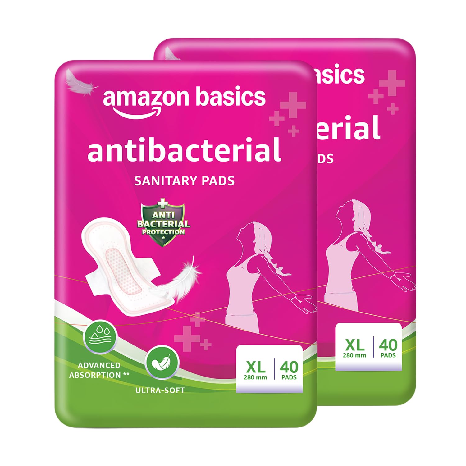 Amazon Basics Anti-Bacterial Sanitary Pads for Women XL | 80 Count (40 X Pack of 2)