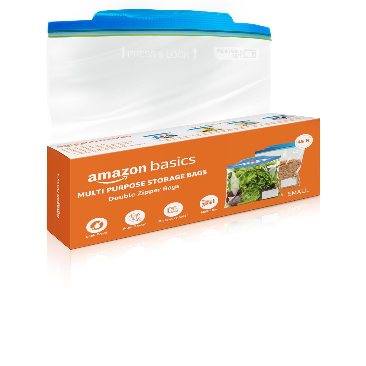 Amazon Basics - Multipurpose Zip Lock Storage Bags | 45 Count | Small | 21.3 x 18 cm | Reusable and Reclosable with Doub