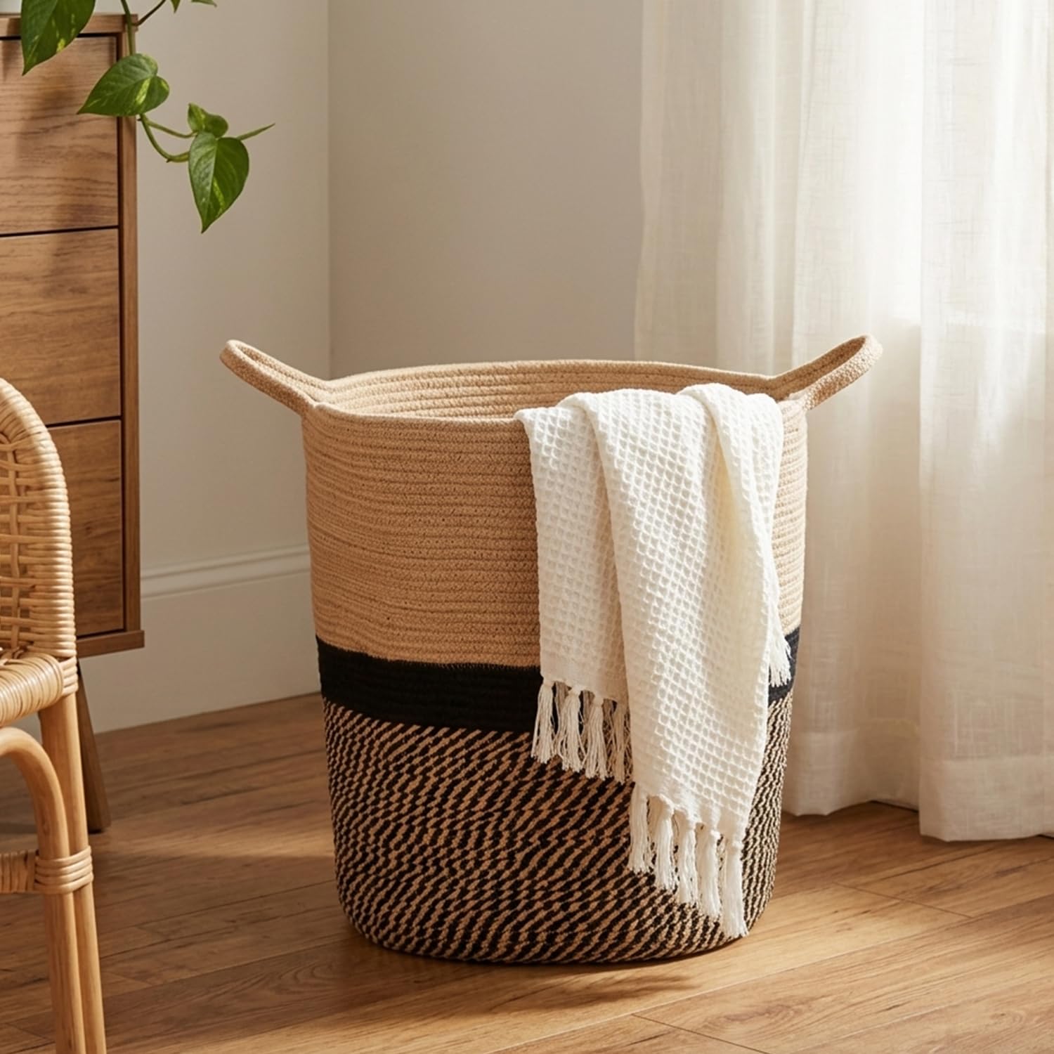 amazon basics Polycotton Basket Large Hamper Polycotton Baskets for Storage, 14D x 18.3H, Wicker Laundry Baskets for Liv