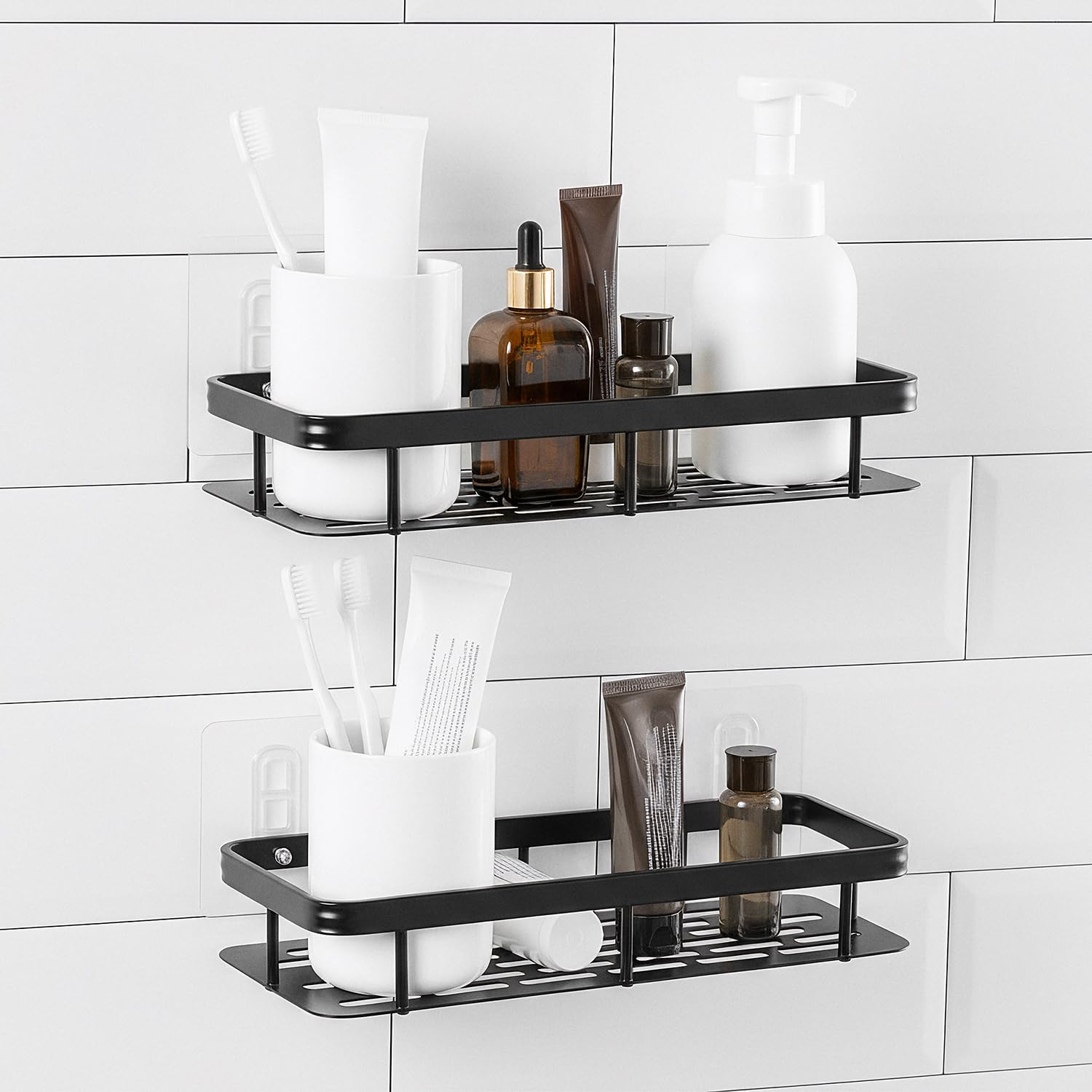 Amazon Basics Self-Adhesive Aluminium Bathroom Wall Shelf | Water-Resistant | Pack of 2 | Tool-Free Installation | Black