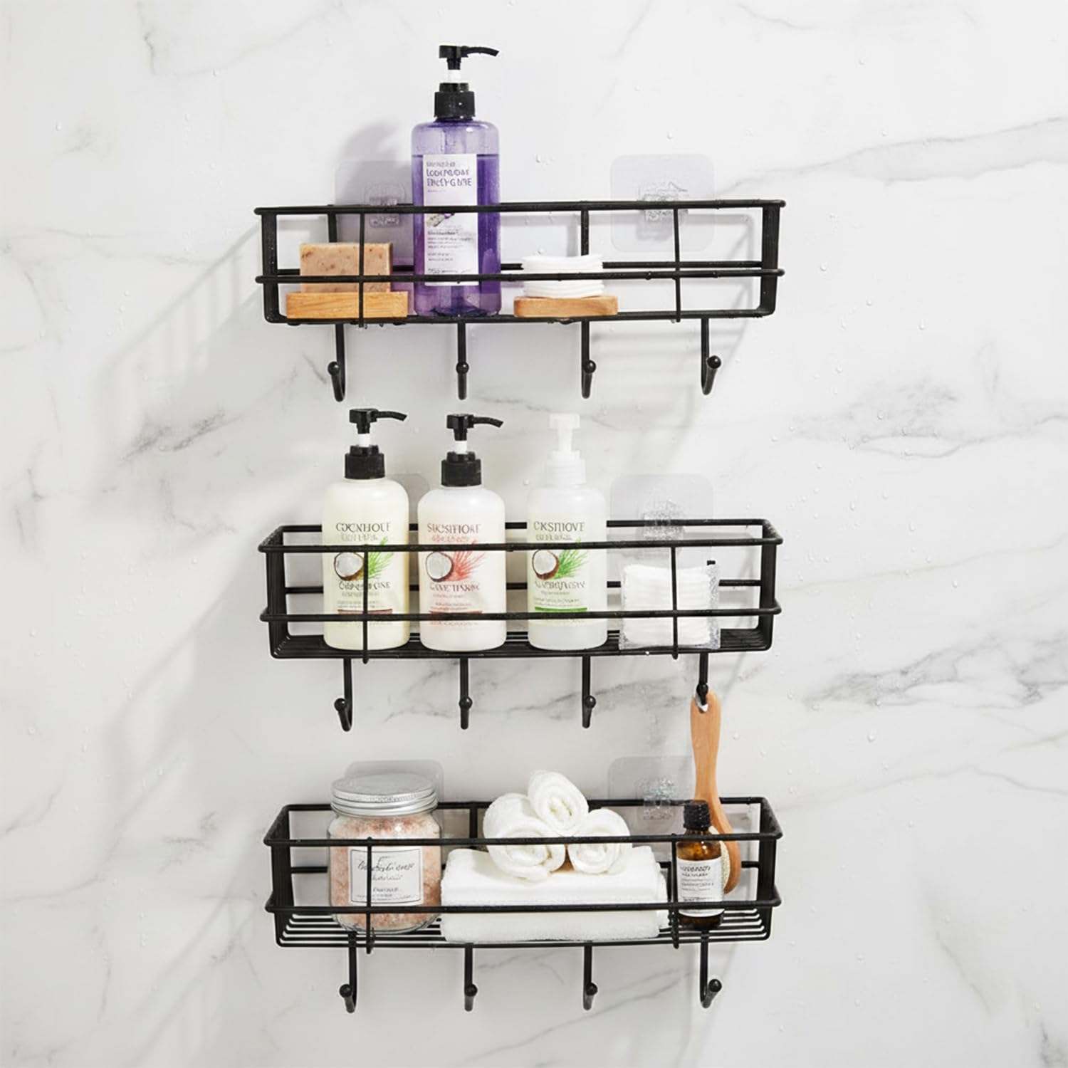 Amazon Basics Self-Adhesive Wall Shelf - No-Drill Multipurpose Bathroom/Kitchen Organizer with Hooks and Towel Holder, R