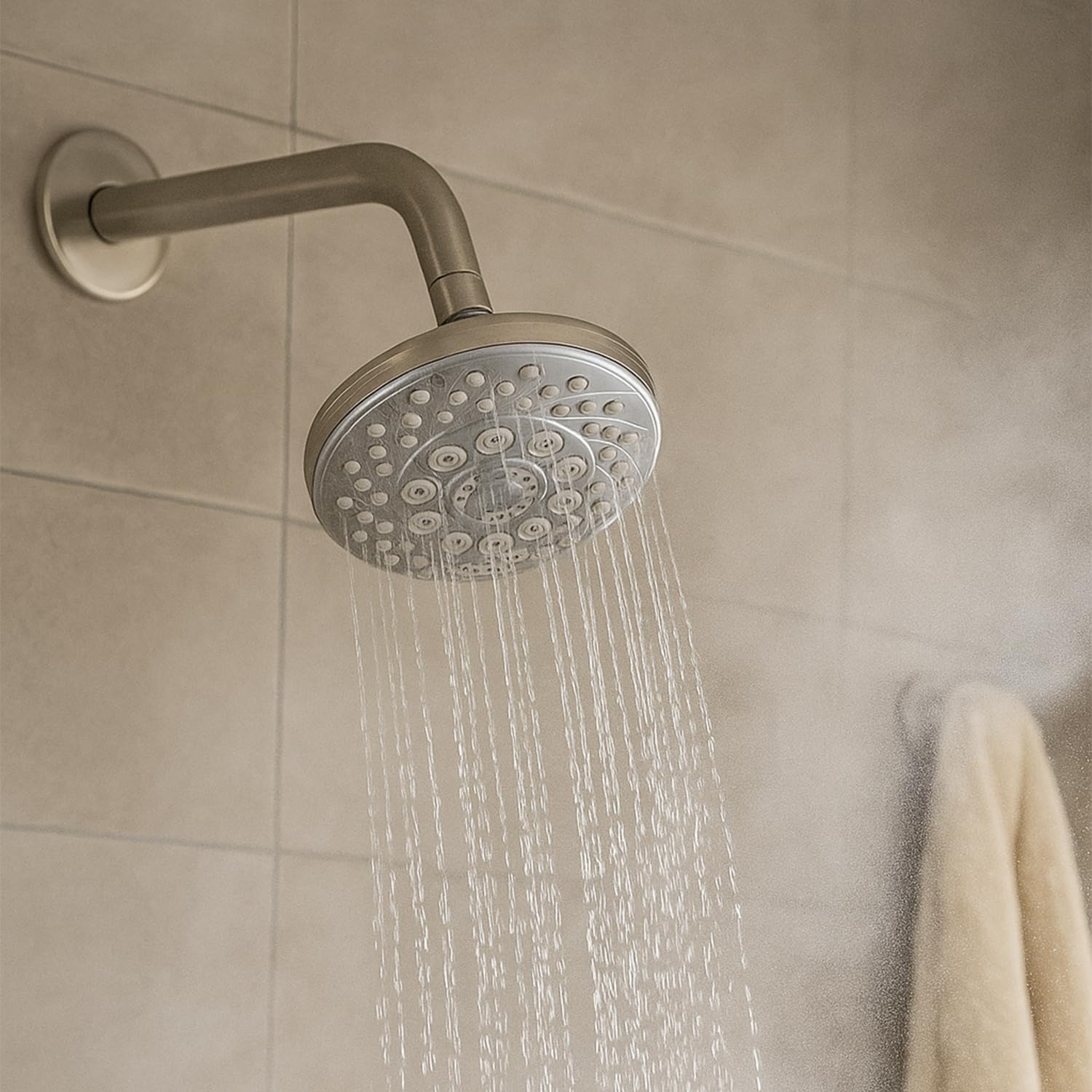 Amazon Basics Shower Head for Bathroom | Round Multifunction 5-Spray Overhead Shower | Wall Mount Bathroom Shower with P