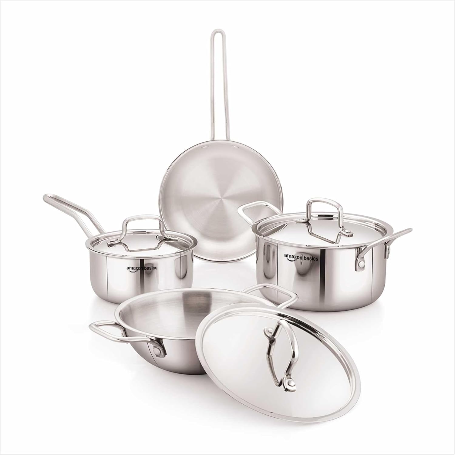 Amazon Basics Triply Stainless Steel Cookware Set 7 Pcs - Deep Kadai(3.4L), Saucepan(1.7L), Casserole(1.8L), Frypan(1.2L