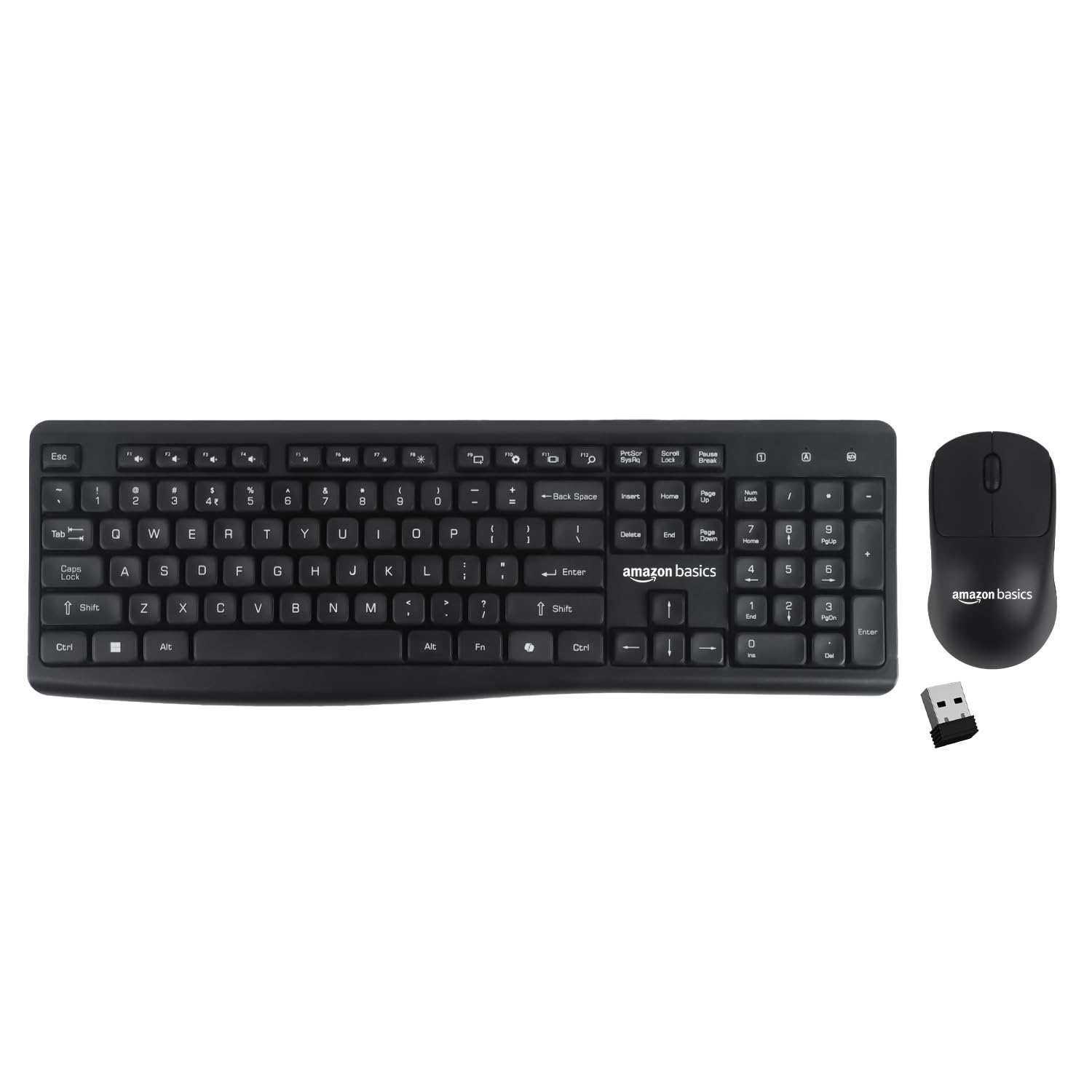 Amazon Basics Wireless Keyboard and Mouse Combo | 2.4GHz Wireless | Full-Size 104-Key Keyboard with Rs. Key | Low-Noise Ty