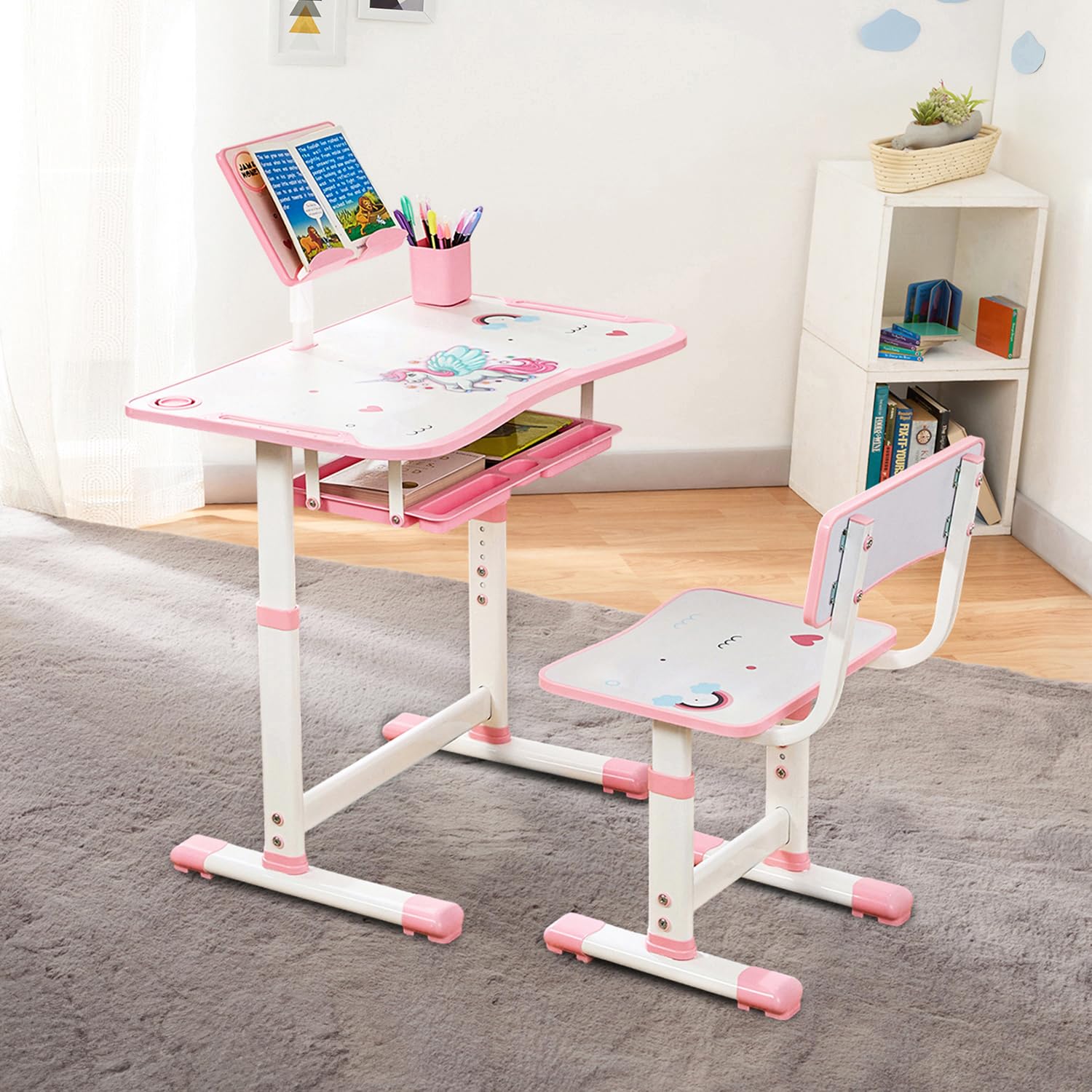 Amazon Brand -Jam & Honey Kids Functional Desk and Chair Set,Height Adjustable Children School Study Table with Book Hol
