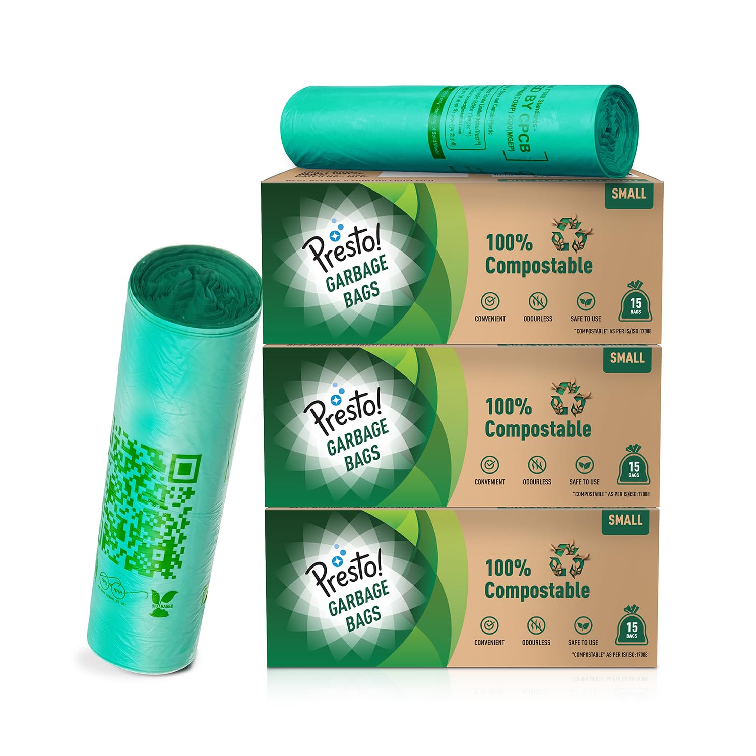 Amazon Brand - Presto! 100% Compostable Garbage Bags | Small (S) | Green | 45 Count | 15 Bags X 3 Packs | 17 x 19 Inches