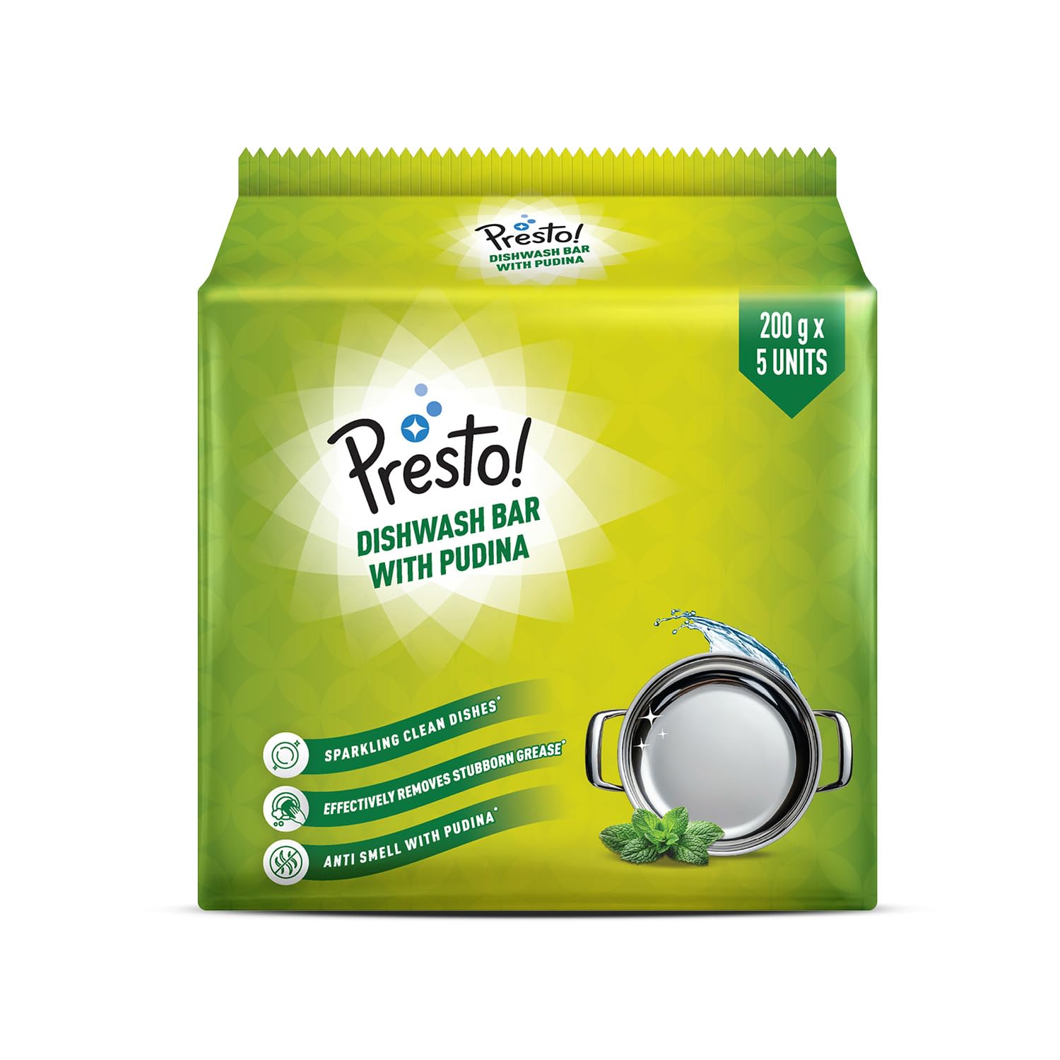 Amazon Brand - Presto! Dishwash Bar - Pudina | 200g | 5 Bars Each X Pack of 1 | Removes Tough Grease | Fresh Pudina Frag