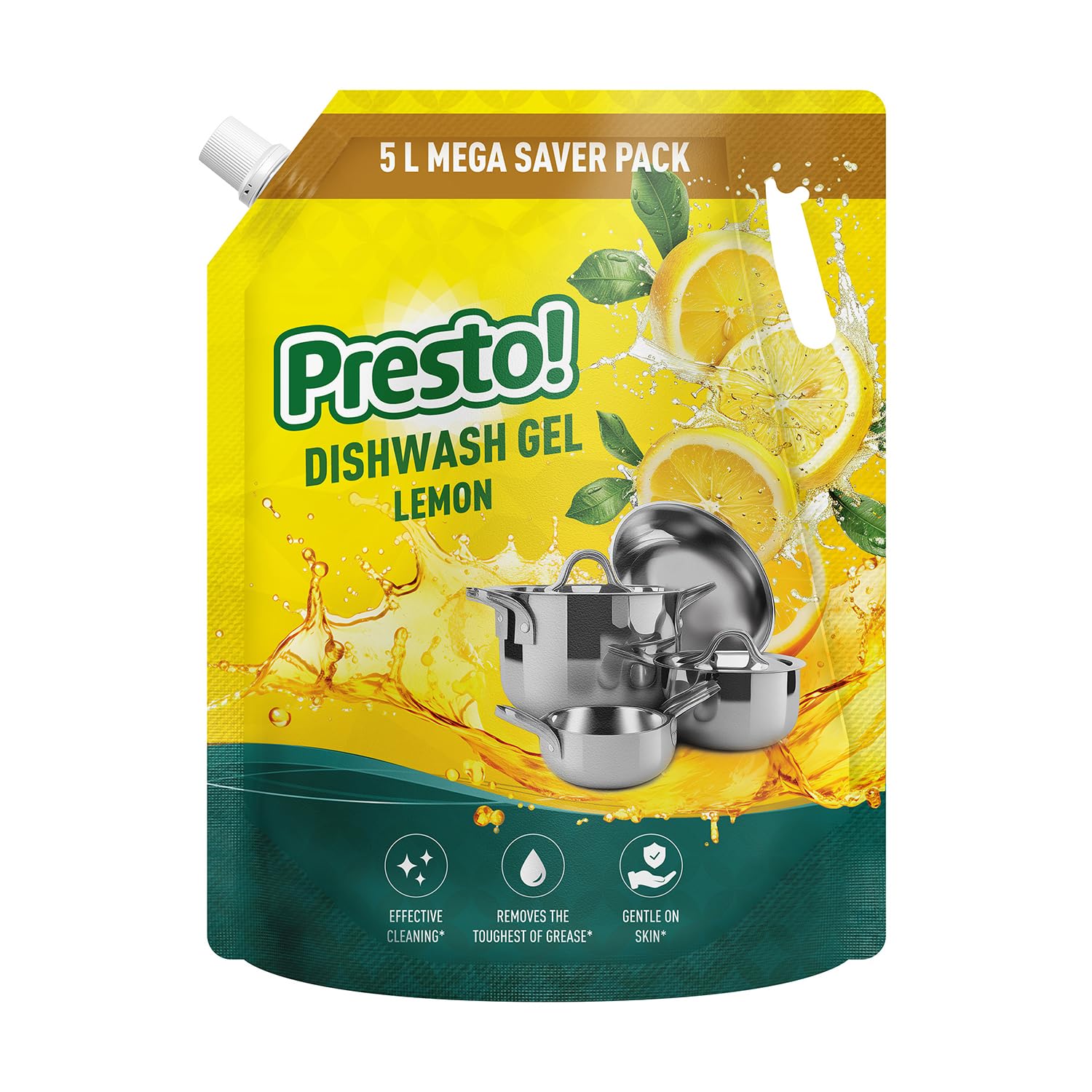 Amazon Brand - Presto! Dishwash Gel | Lemon | 5 L Refill Value Pack | Dishwash Liquid | Cuts Through Grease | Safe On Ha