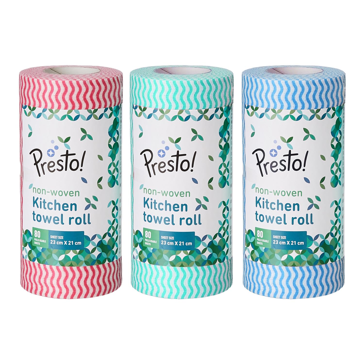 Amazon Brand - Presto! Non-Woven Kitchen Towel Roll | 80 Pulls (Pack of 3) | Size: 23 x 21 cm | Wavy Pattern (Red, Blue