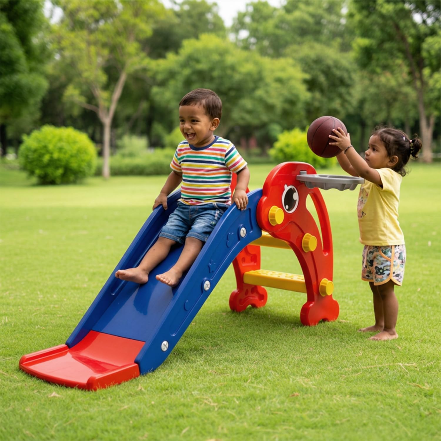 Amazon Brand - Solimo Dolphin 2-in-1 Toddler Slide with Basketball Hoop & Ball | Small | Indoor & Outdoor | Safe for Boy