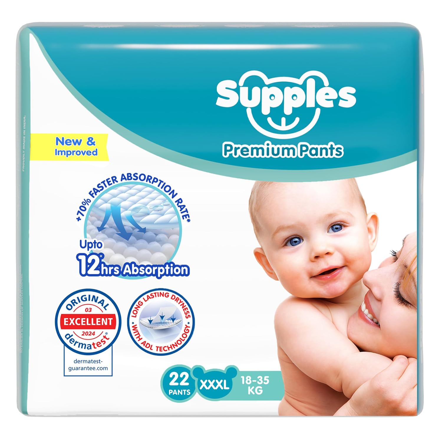 Amazon Brand - Supples Premium Baby Diaper Pants | 22 Baby Diapers | XXXL | 18-55 Kg | 12 Hrs Absorption | Cushiony Cott