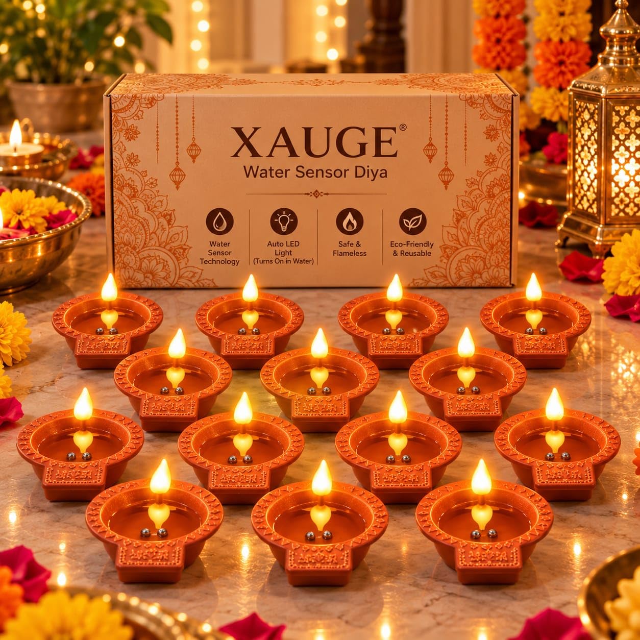 Amazon now :- XAUGE Water Sensor Diya, Water-Activated Diya | Flameless Design pack of 12