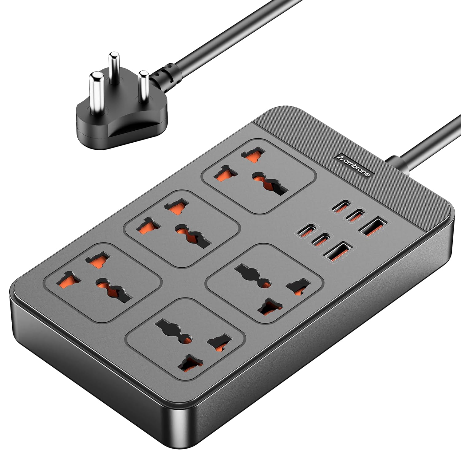 Ambrane Extension Board, 4 Type C, 2 USB, 5 International Power Sockets, 2500W Output, Long Cable