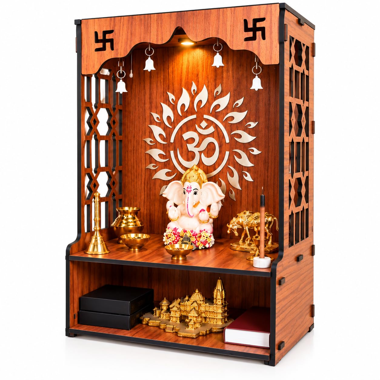 Anchara Wooden Temple for Home | Handcrafted Pooja Mandir | Wall Mounted Mandir for Pooja Room | (H- 15.5, L- 11.5, W-11