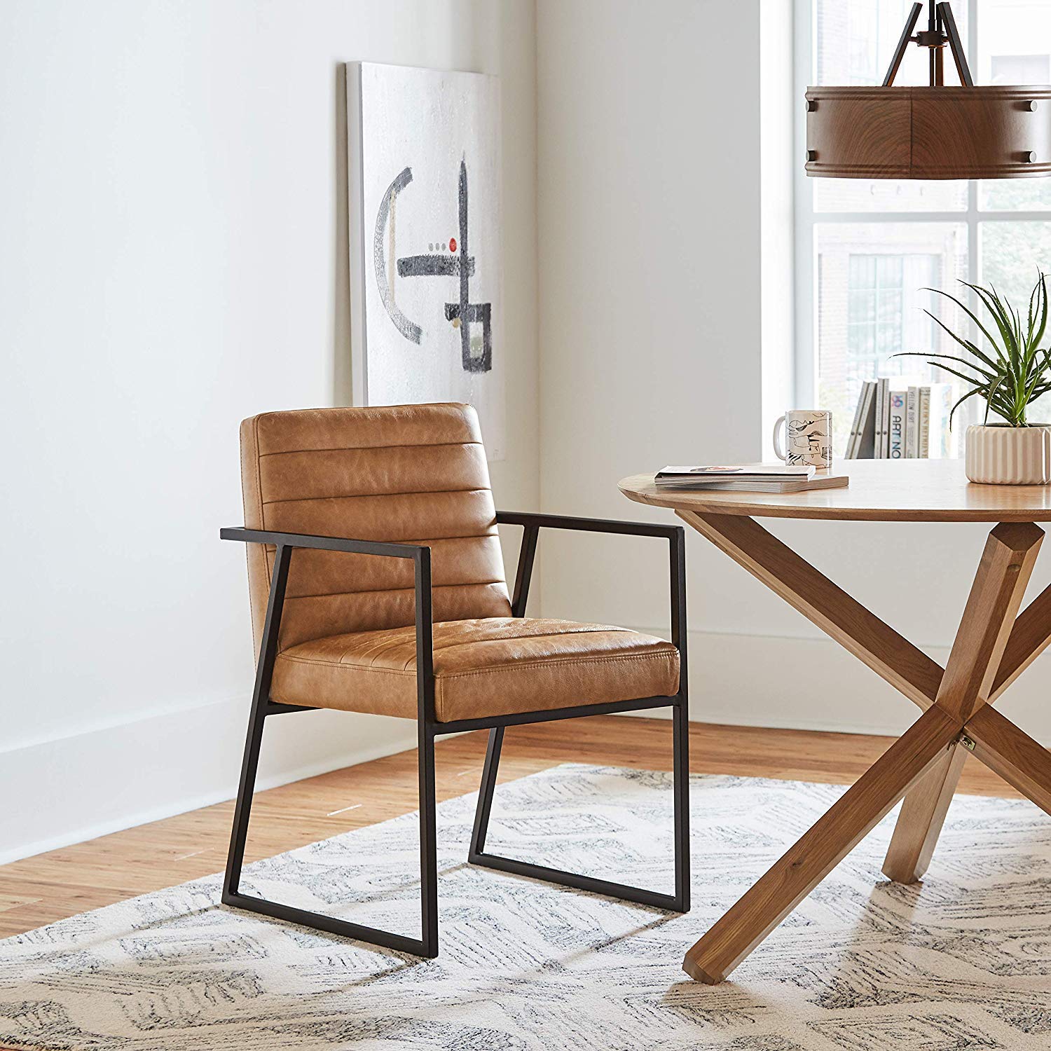 APRODZ Mid Century Modern Dining Chair with Arms Faux Leather Upholstered Dining Table Chair with Metal Frame Kitchen Ar