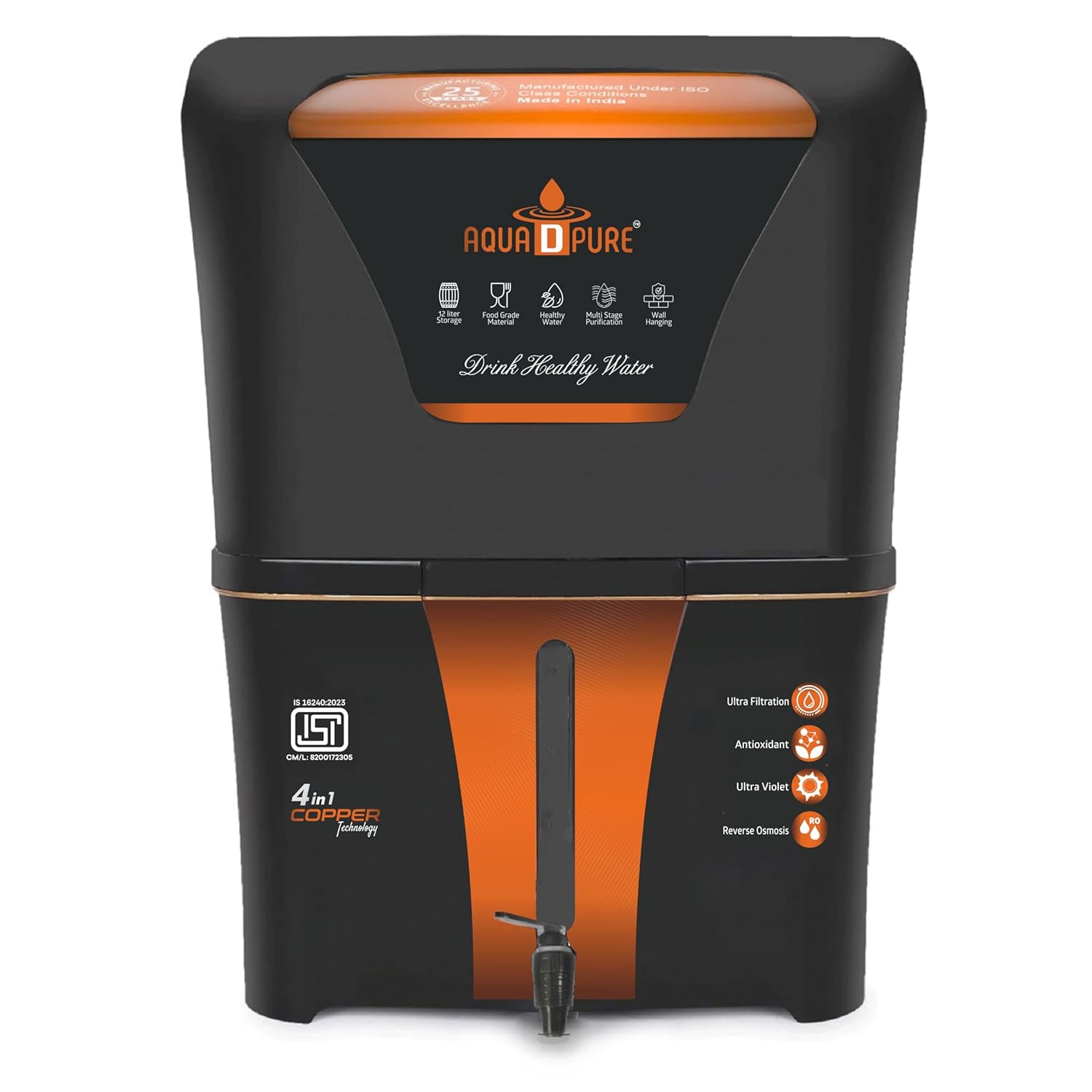 AQUA D PURE 4 in 1 Copper RO Water Purifier with 10 Stage Purification Filtration, UV, UF, TDS Adjuster and 12 Liter Lar
