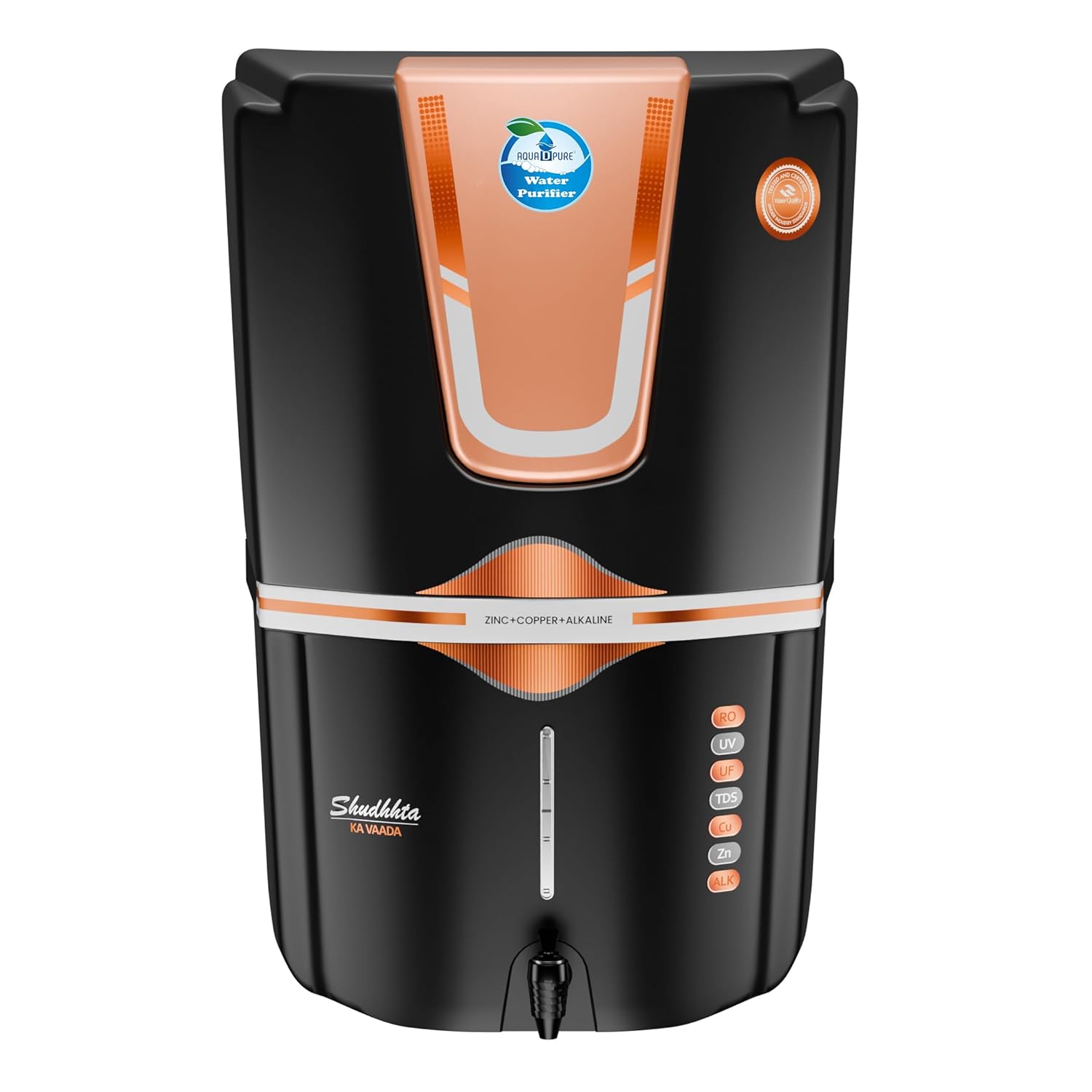 AQUA D PURE Bio Copper Zinc Alkaline Ro Water Purifer, TDS Adjuster Purification Technology, 12 Litre, Black Gold