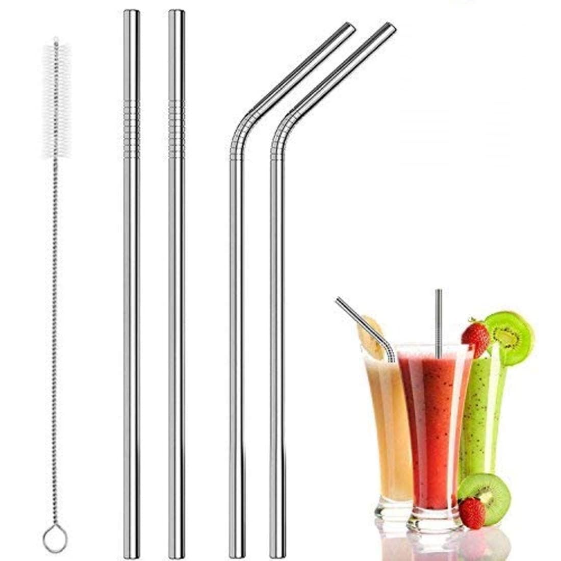 Aric Reusable BPA-Free Metal, Thick, Long, Dishwasher Safe Stainless Steel Drinking Straws, 8.5 Inches (2 Bend and 2 Str