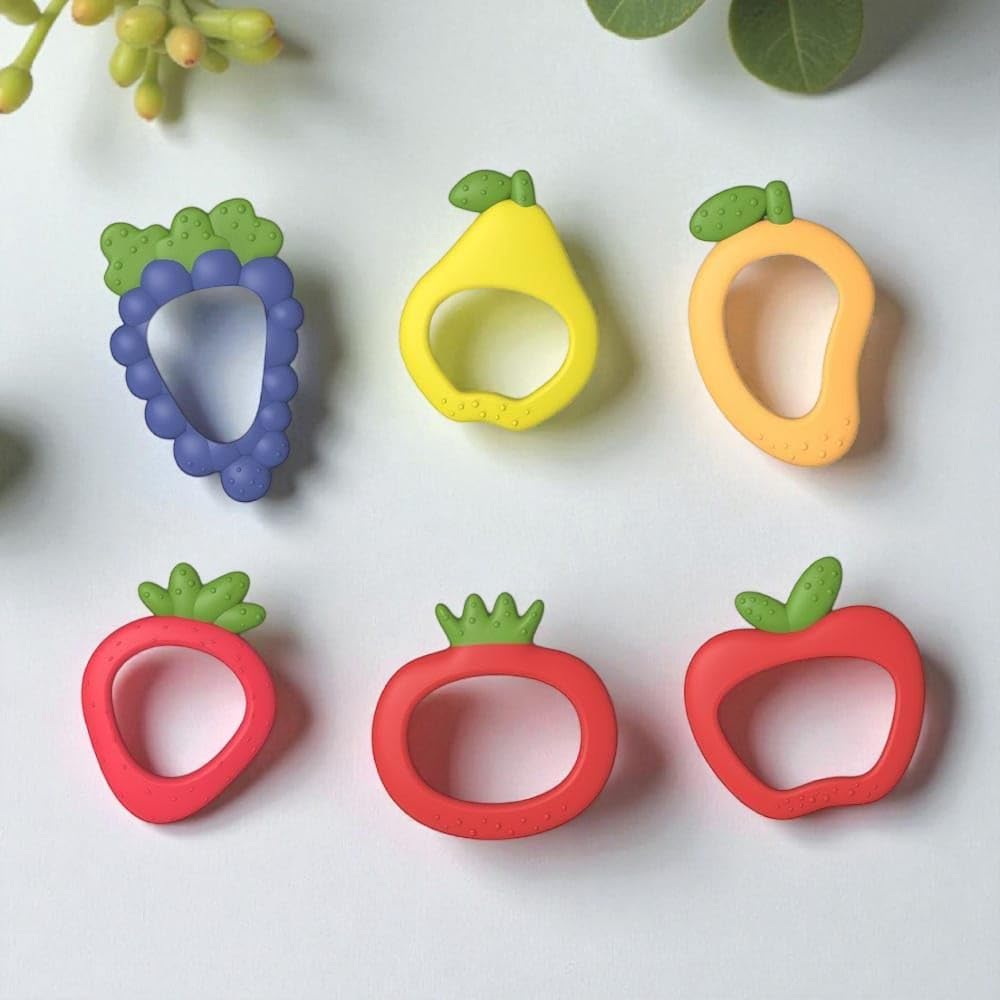 ARTO Baby Teething Toys 4 Pack, Fruit Shaped Silicone Teethers for Infants 0-6-12 Months, Blue Yellow Pink Red with Gree