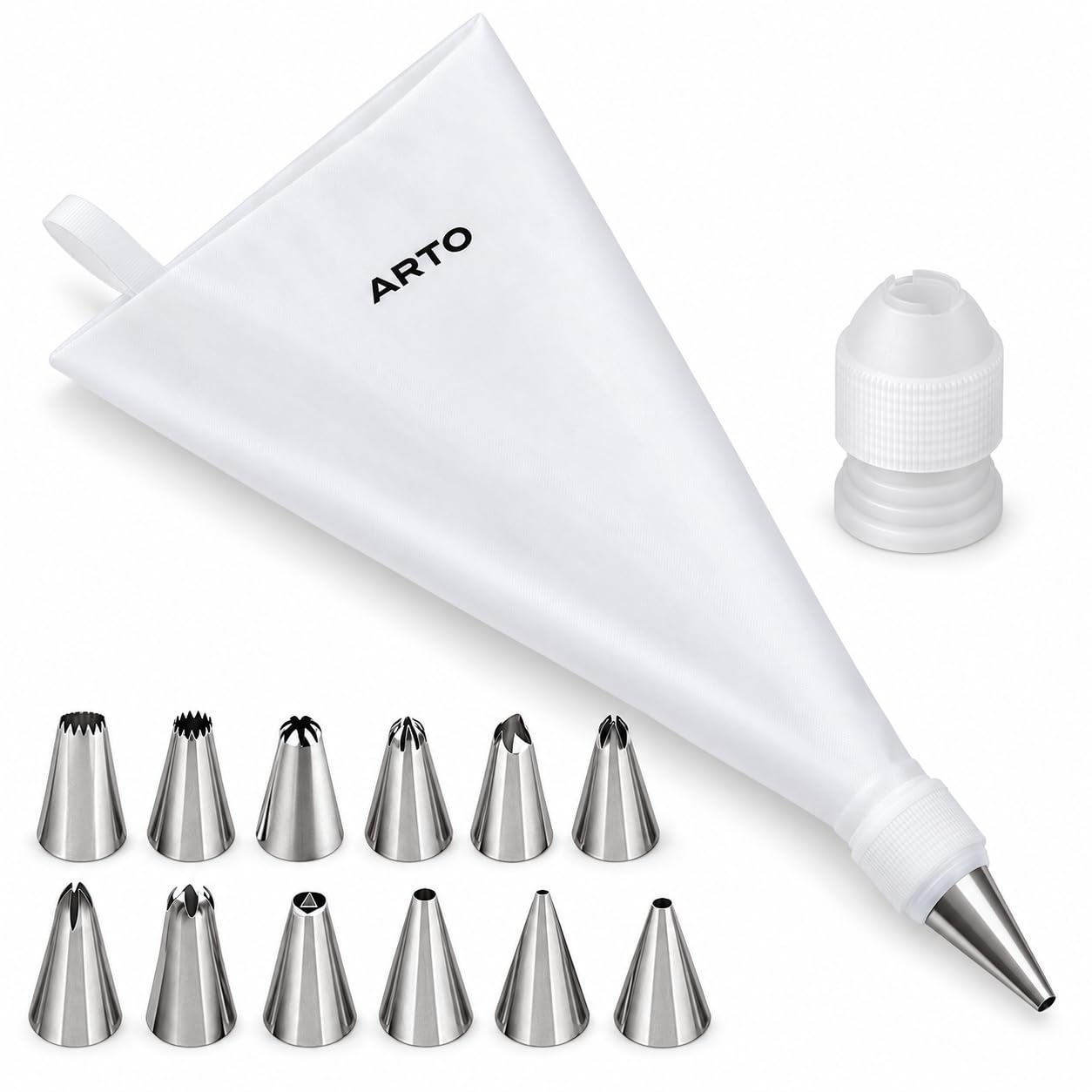 ARTO Cake Decorating Icing Bag with Stainless Steel Nozzles with Frosting Icing Bag Tips with Reusable & Washable Icing