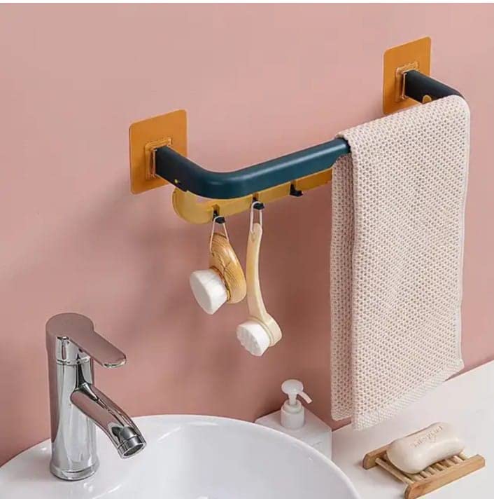 ARTO Double Layer Towel Rod Holder with Hooks | Wall Mounted No-Drill Bathroom & Kitchen Organizer Rack