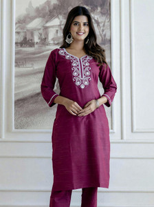 Auzaai Collection Women's Intricate Embroidered Straight Kurta with Dupatta Set