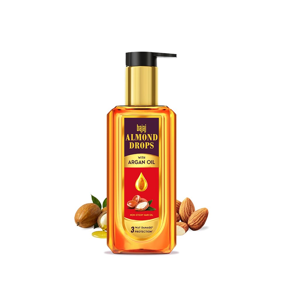 Bajaj Almond Drops Almond + Argan Hair Oil - 200ml | Provides 3-way Damage Protection | For Soft and Shiny Hair | Non-st