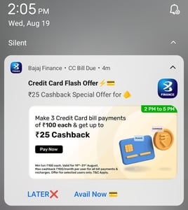 Bajaj Finance: Up to Rs. 25 Cashback on 3 Credit Card Bill Payments of Rs. 100+ | 2-5 PM | 19-31 Aug | Got Rs. 9 Cashback | User