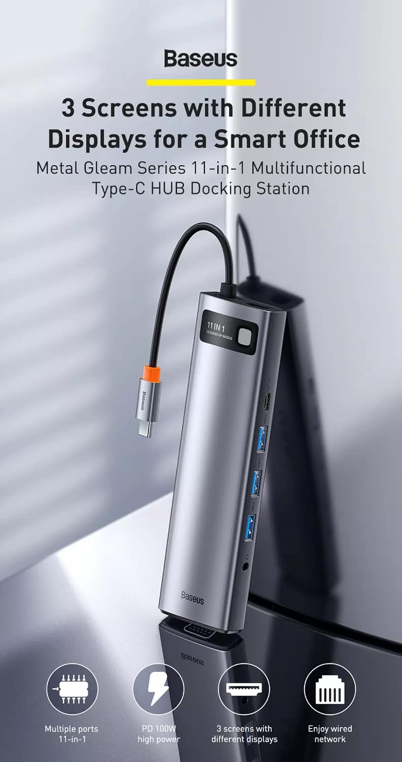 Baseus 11-in-1 Type-C Hub, Metal Gleam Series, Dual HDMI 4K, VGA, USB 3.0, RJ45 LAN, SD/TF Card Reader, 100W PD Charging