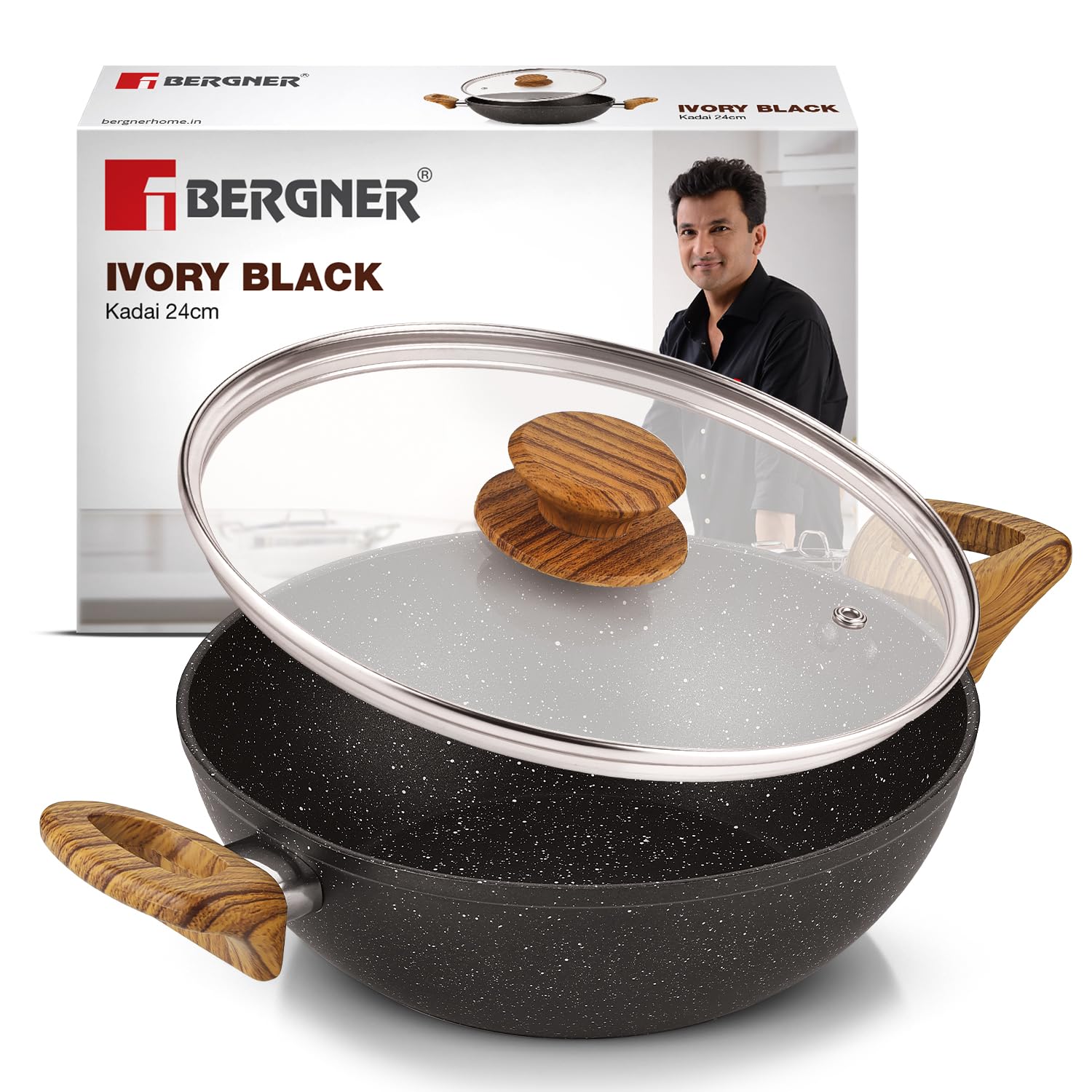 Bergner Ivory Black Granite Non-Stick 24cm (2.5L) Kadai with Glass Lid, 3-Layer Marble Healthy Non-Stick Coating, Forged