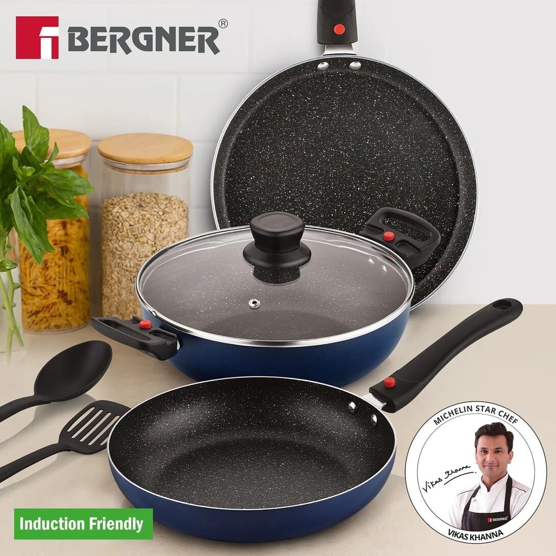BERGNER Sherry Plus 5-Layer 6 Pcs Non-Stick Cookware Set with Detachable Handle - Induction Bottom Non-Stick Coated Cook
