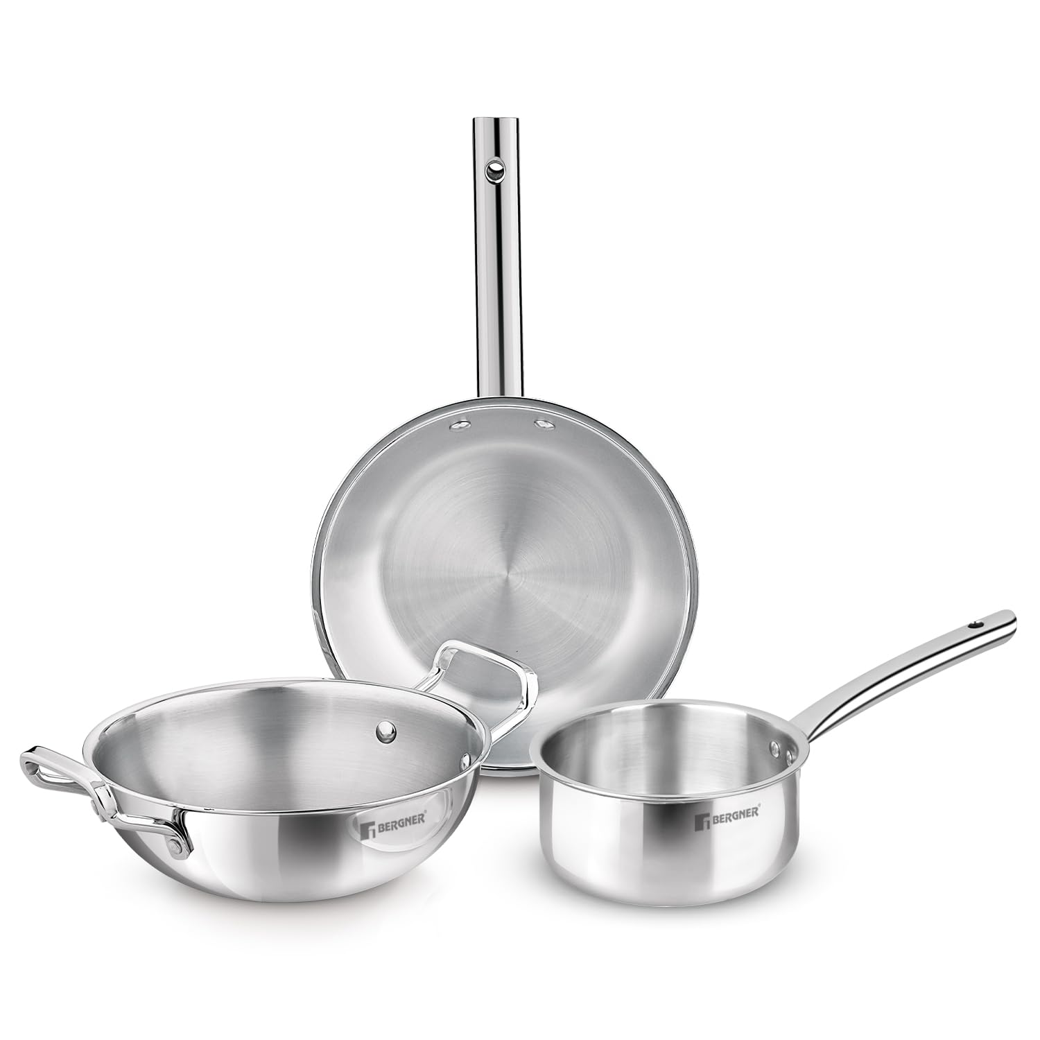Bergner TriPro 3 Pcs Tri-Ply Stainless Steel Cookware Set | Kadai, Frypan & Teapan for Induction & Gas Stove