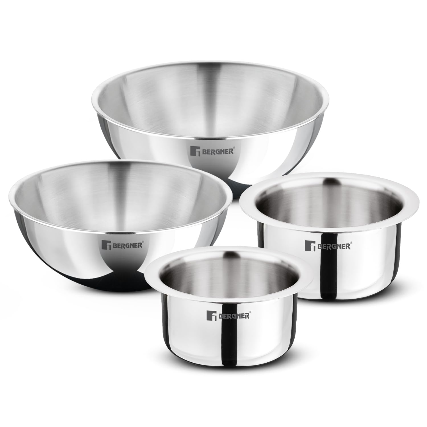 Bergner TriPro Tri-Ply Stainless Steel 4 Pcs Cookware Combo Set of 14cm (1.3L) 16cm (1.9L) Topes and 20cm (2L) 22cm (2.5